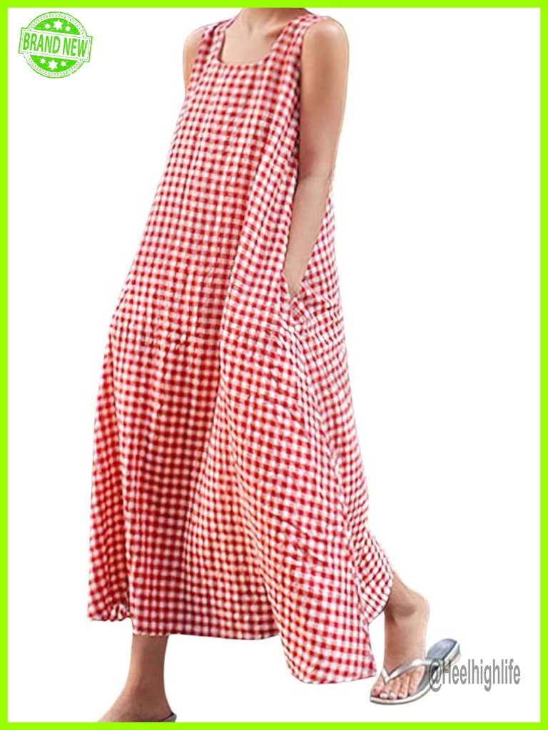 Maxi Dress With Pockets Sleeveless Loose Fit Cotton Plaid Swing Hem